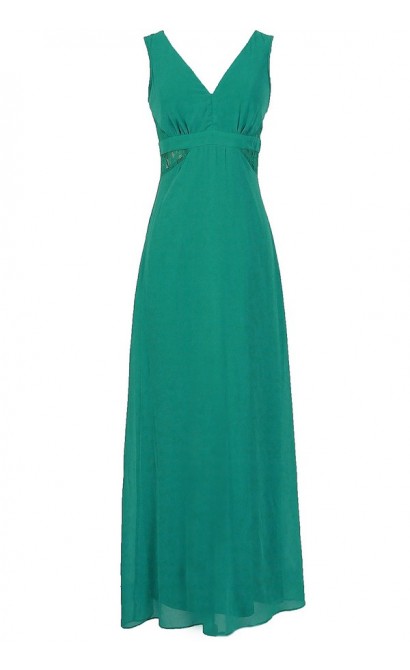Last Night Chiffon Maxi Dress With Lace Insets in Jade